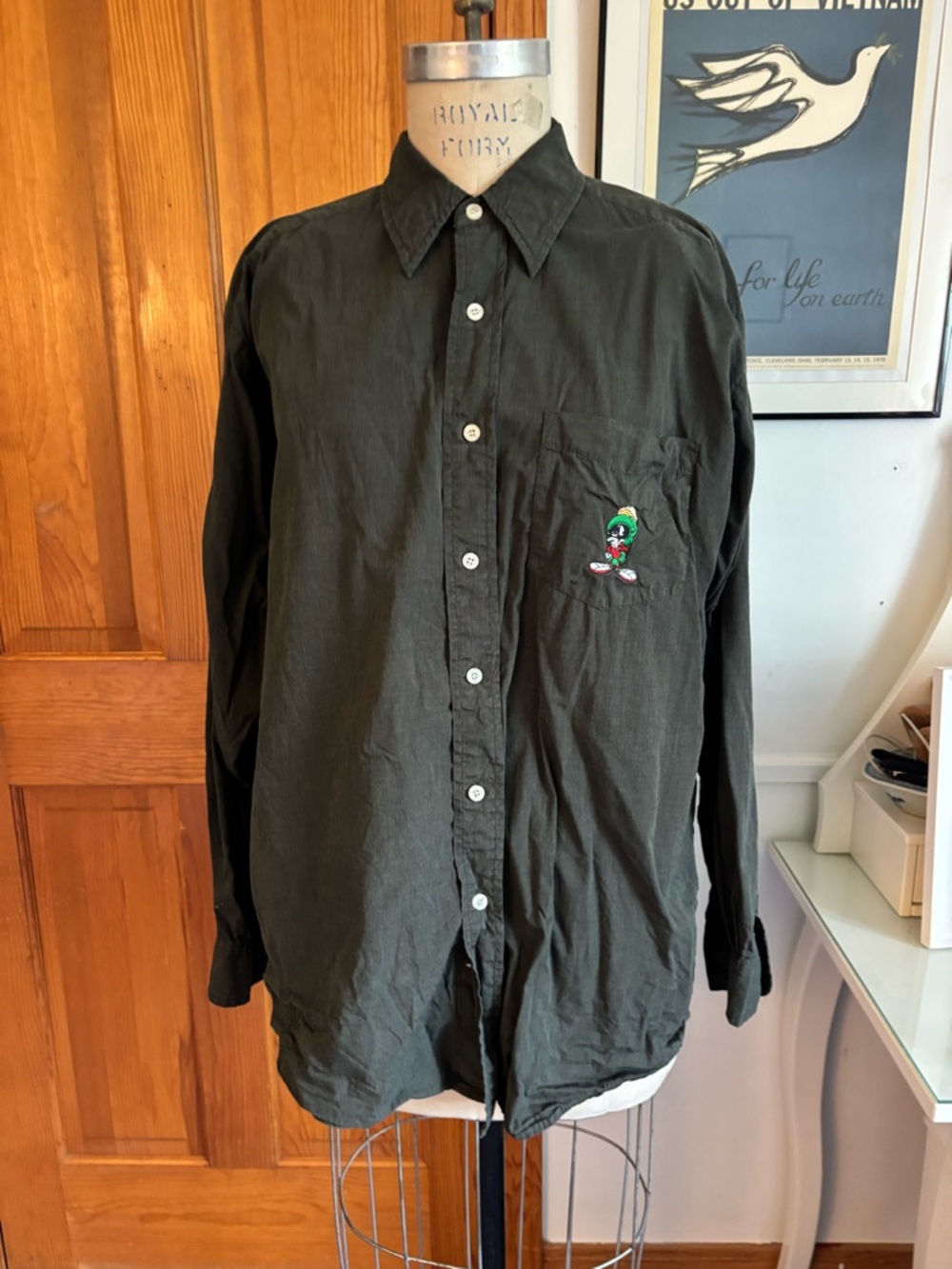 Embroidered Marvin the Martian Dark Green Button-Up Shirt-Warner Bros! medium.